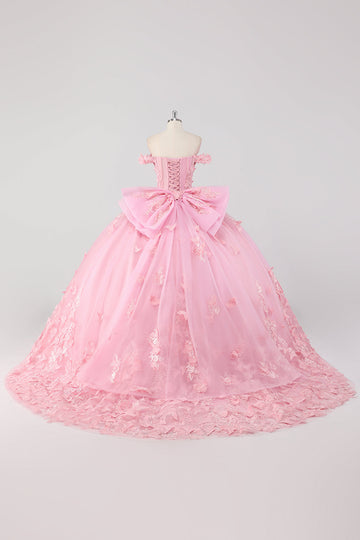 Princesse Blush Robe de bal rose à épaules dénudées en tulle papillon perlé Quinceanera Robe avec nœud